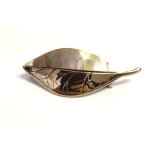 Vintage Signed Liz Claiborne Gold &amp; Brown Pearlized Dual-Textured Leaf Brooc